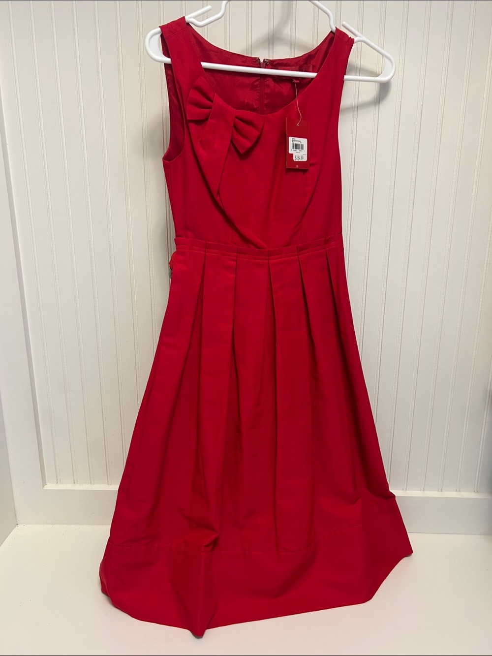 Midi Red Bow-Accent Pleated Dress